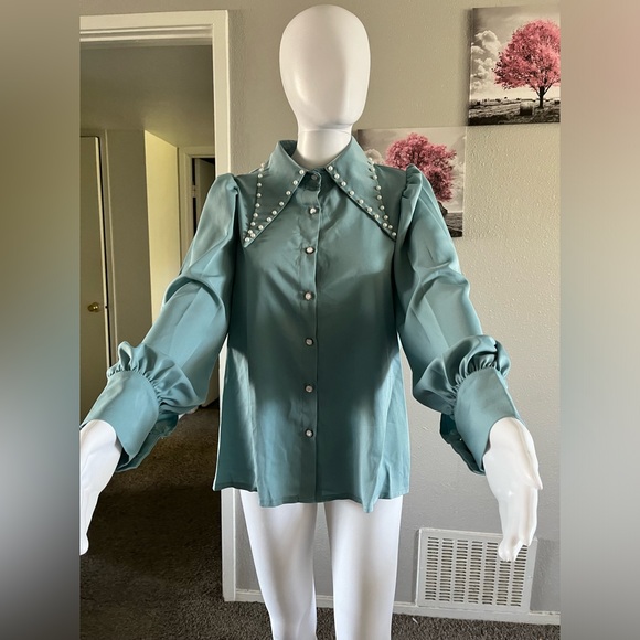 Lantern sleeve shirt collar and pearl,long sleeve,tops,pearl,party dress,formal - Picture 5 of 5